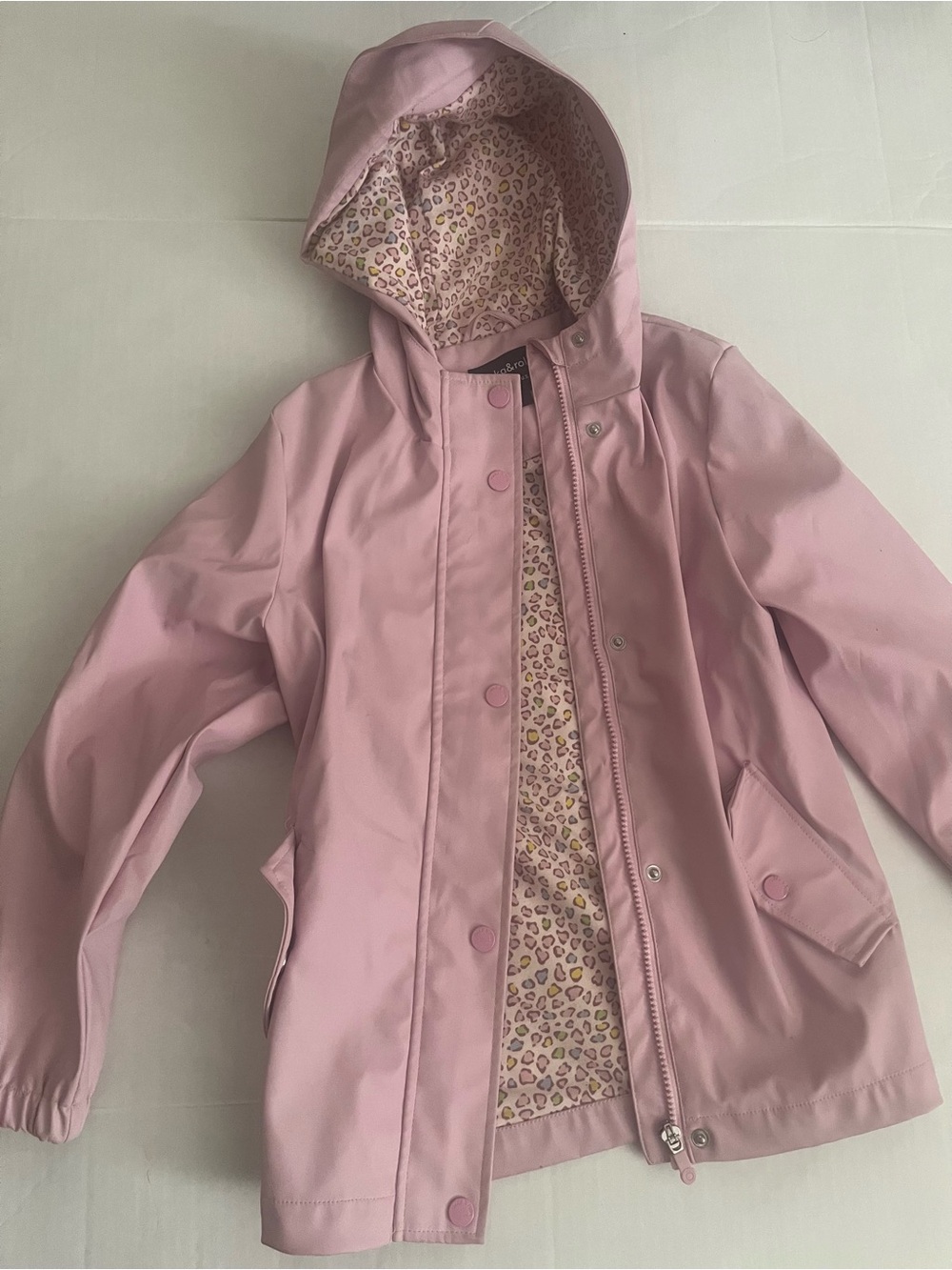 rokka&rolla. Girls' Pink Hooded Raincoat Leopard-Print Lining mark behind sleeve
